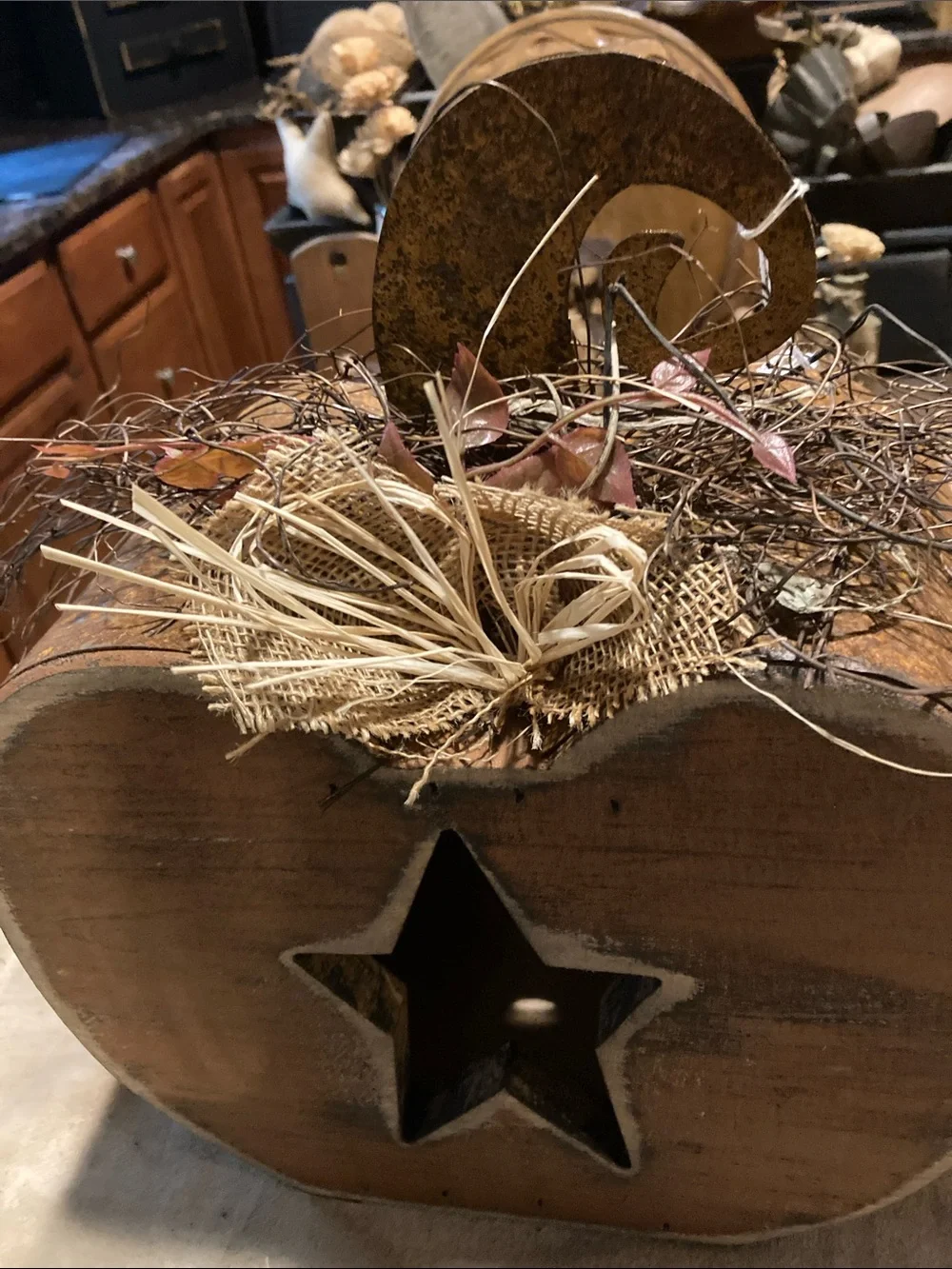 Rustic Wooden Pumpkin Centerpiece with Star Cutout - Brown